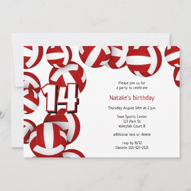 Invitation volley rouge filles garçons fête d'anniversaire (Devant)