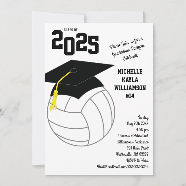 Invitation Volleyball Graduation Sports Noir Blanc (Devant)