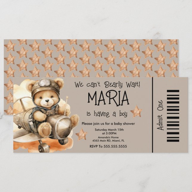 Invitation Volying Teddy Bear Baby shower TickParty (Devant / Derrière)