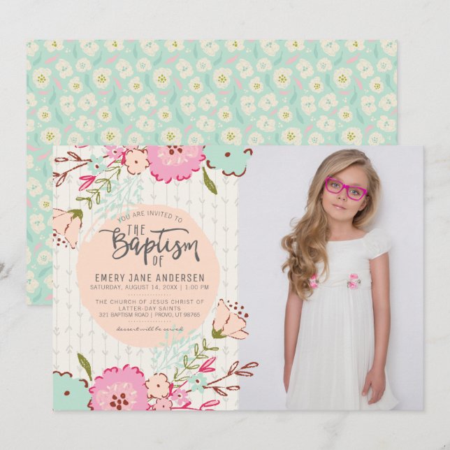 INVITATION VON LDS BAPTISM-FOTOS| Elegantes Floral Einladung (Vorne/Hinten)