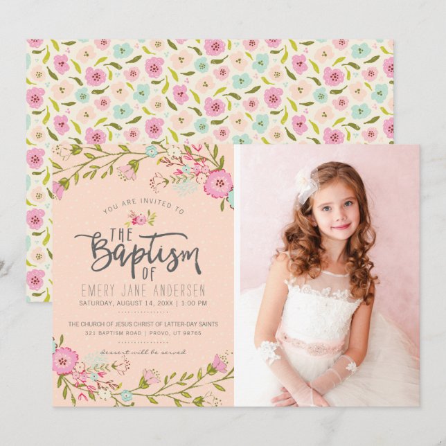 INVITATION VON LDS BAPTISM-FOTOS| Elegantes Rosa M Einladung (Vorne/Hinten)
