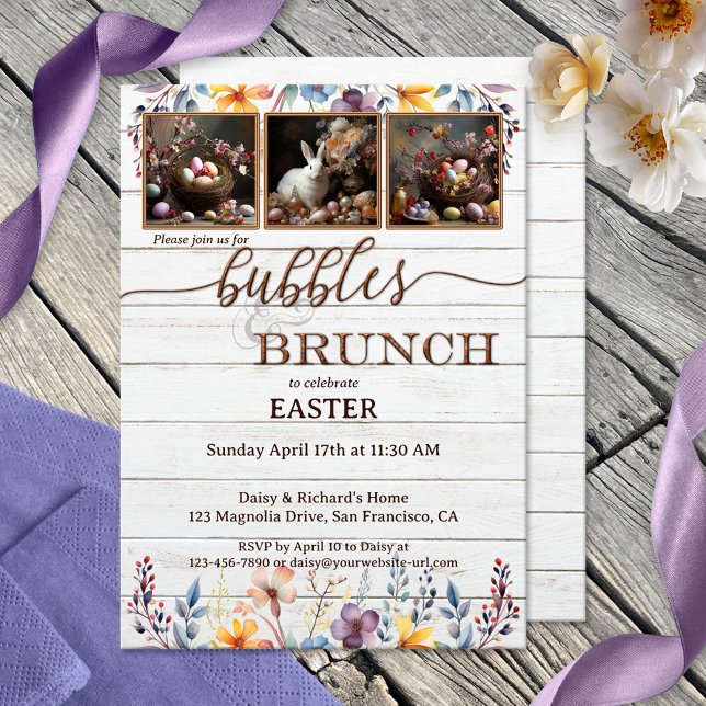 Invitation Vos Photos Rustiques Bubbles de Pâques et Brunch (Rustic Bubbles & Brunch invitation featuring your photos framed by watercolor wildflowers)