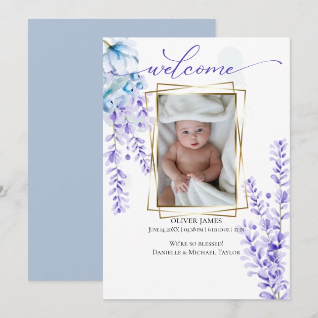 Invitation Votre Bébé Photo Aquarelle Lavande - Dusty Blue (Devant / Derrière)