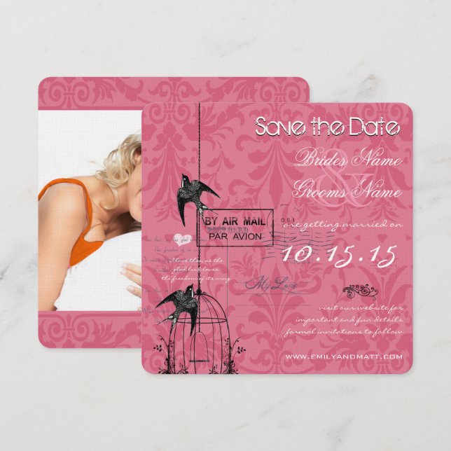 Invitation Votre mariage à la cage d'oiseau en damas de photo (Devant / Derrière)