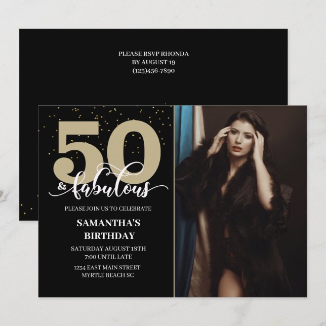Invitation Votre Photo Black Gold 50 Fabuleuse fête d'anniver (Devant / Derrière)