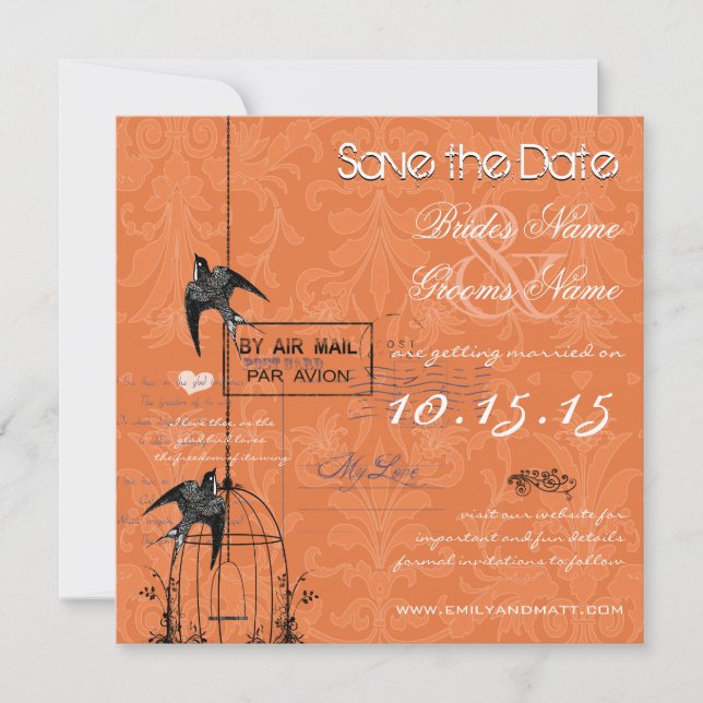 Invitation Votre Photo Cage à Oiseaux en Damas Mariage Économ (Devant)