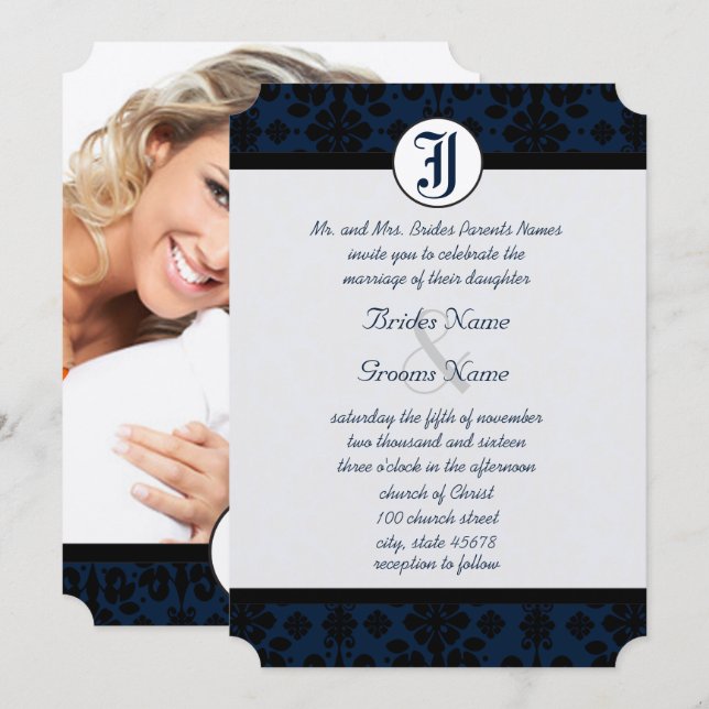 Invitation Votre photo Marine & Black Mariage damassé (Devant / Derrière)