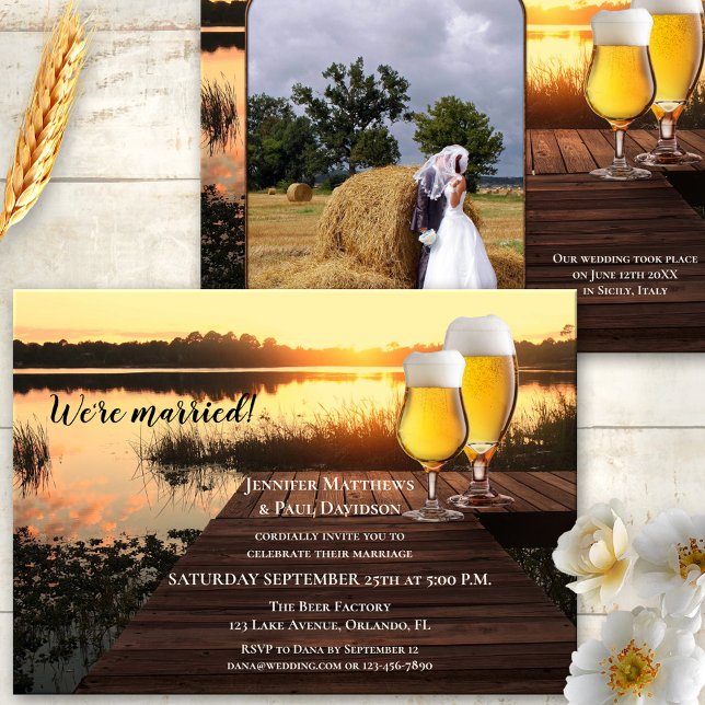 Invitation Votre réception de mariage à thème bière (Elopement or wedding reception only invitation with two beer glasses on a dark wood jetty at sunset)