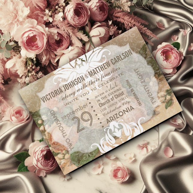 Invitation Votre Rose photo Gold Damask Floral Mariage (Créateur téléchargé)