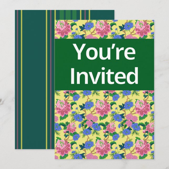 Invitation "Vous êtes invité" preppy chinoiserie floral (Devant / Derrière)