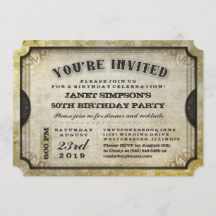 Invitation Vous êtes Invited Gold Antique Ticket Anniversaire