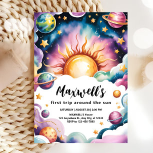 Invitation Voyage autour du Soleil aquarelle garçon 1er anniv