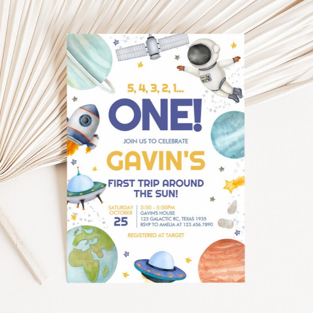 Invitation Voyage d'astronaute autour du soleil Anniversaire (Astronaut First Trip Around the Sun Birthday Party Invitation)