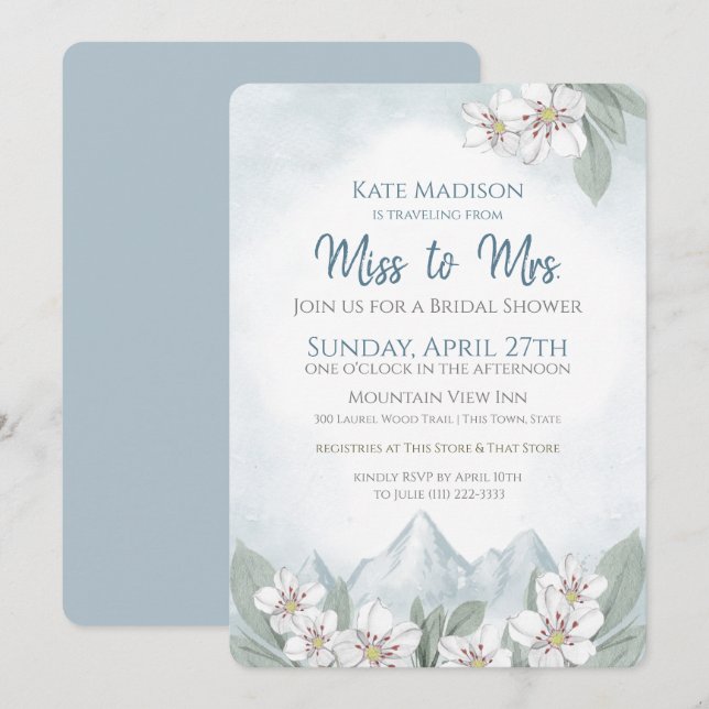 Invitation Voyage de Mlle à Mme Fête des mariées Mountain (Devant / Derrière)