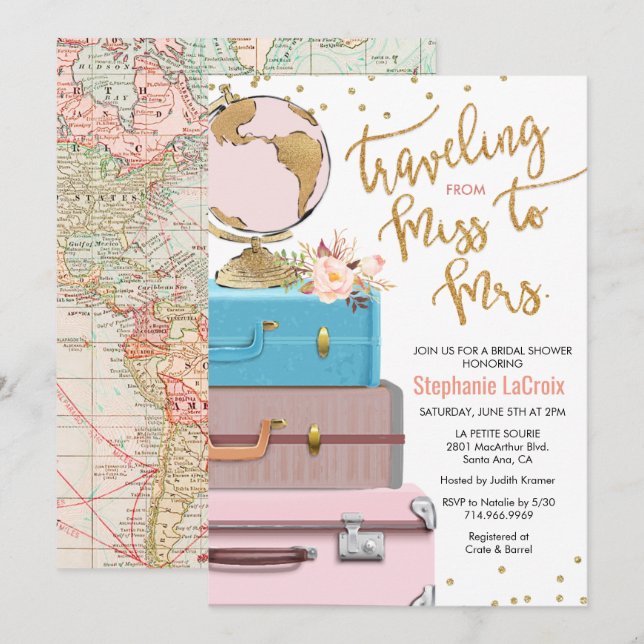 Invitation Voyager de Mlle à Mme Fête des mariées (Devant / Derrière)