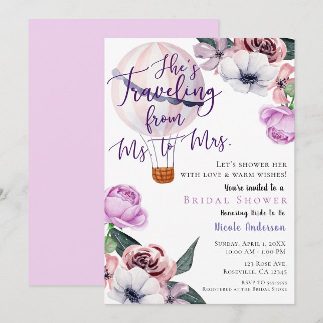 Invitation Voyager de Mme à Mme Fête des mariées lavender (Devant / Derrière)