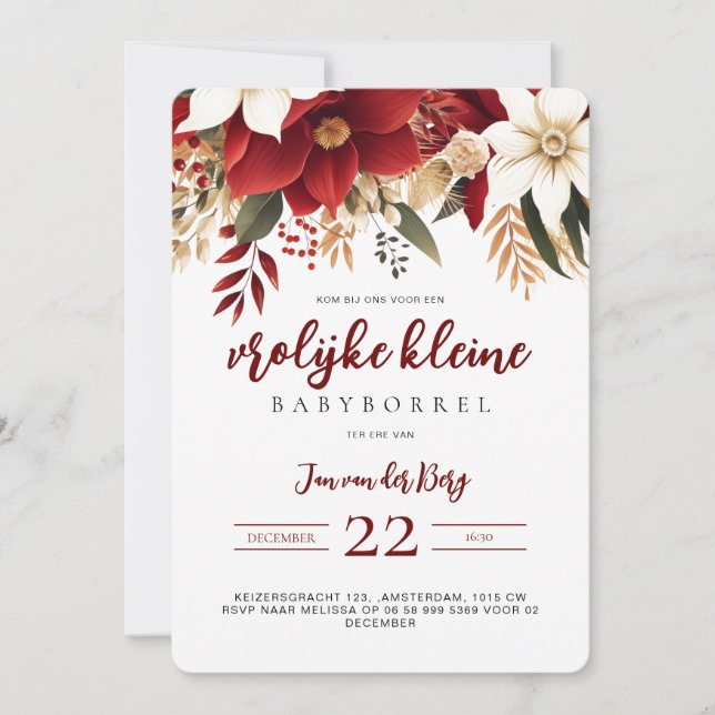 Invitation Vrolijke kleine Babyborrel Kerstster Bloemen (Devant)
