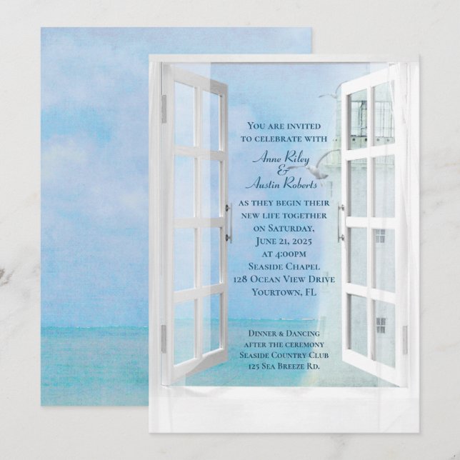 Invitation Vue mariage du phare blanc avec mouettes (Devant / Derrière)