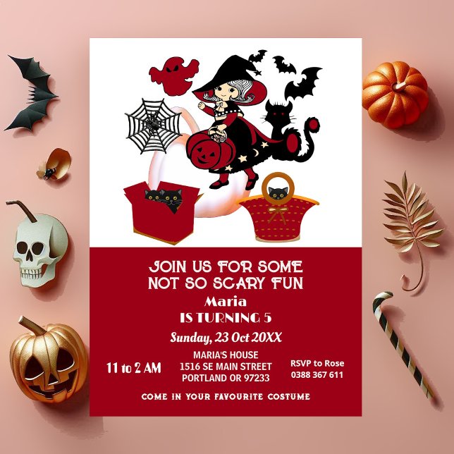 Invitation Wandering Witch Halloween Spider Anniversaire de e (Wandering Witch Halloween Spider Web Kids Birthday Invitation)