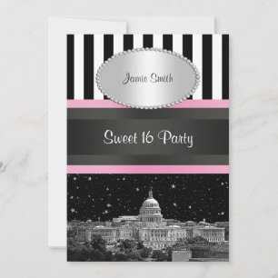 Invitation Wash DC Skyline Bk Wht Strp Pink Sweet 16 Fête
