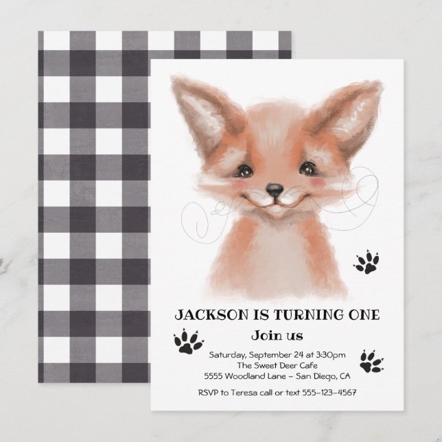 Invitation Watercolor Baby Fox fête d'anniversaire (Devant / Derrière)