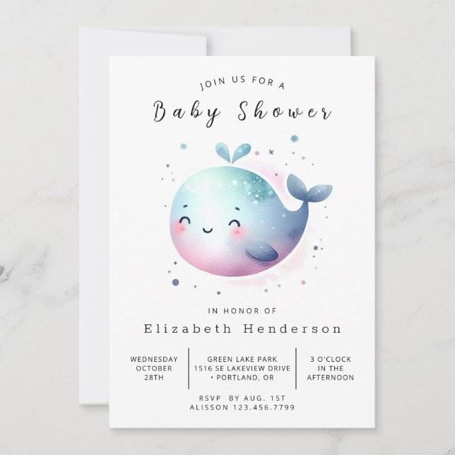 Invitation Watercolor Baby shower en ligne baleines (Devant)