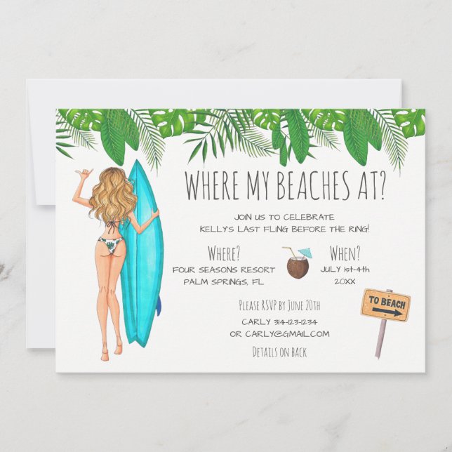 Invitation Watercolor Bachelorette Surf Beach Party (Devant)
