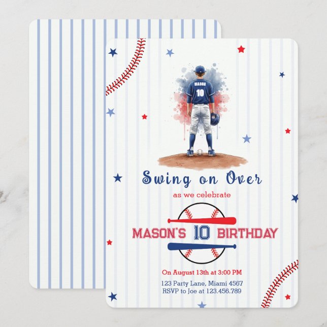 Invitation Watercolor Baseball Player Boy 10th Birthday (Devant / Derrière)