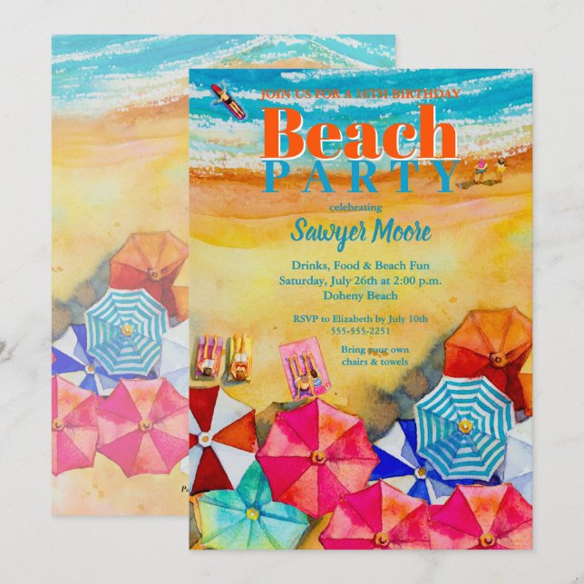 Invitation Watercolor Beach 16e fête d'anniversaire (Devant / Derrière)