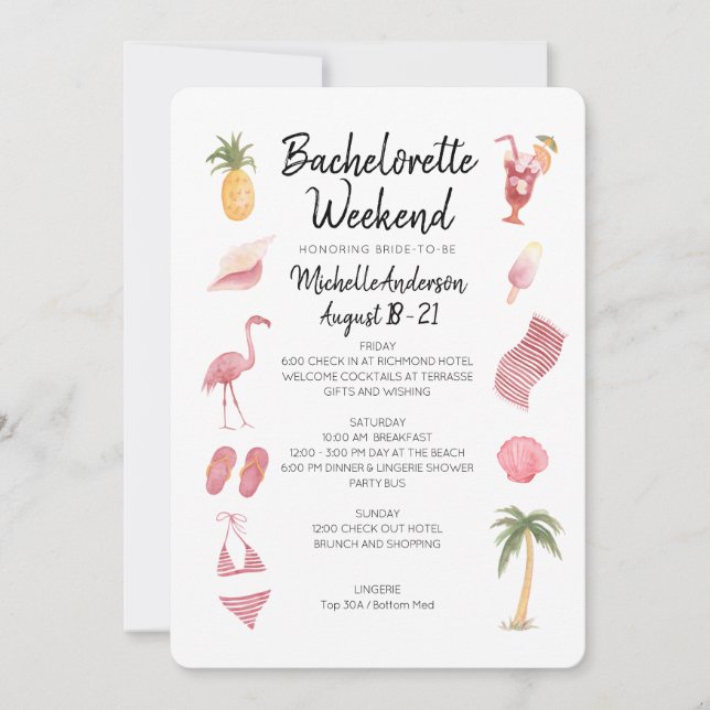 Invitation Watercolor Beach Bachelorette Week-end Itinéraire (Devant)