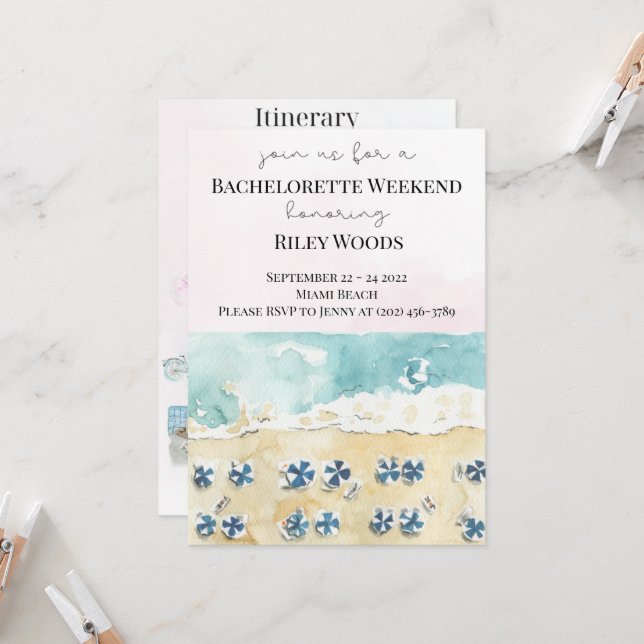 Invitation Watercolor Beach Bachelorette Week-end Itinéraire  (Devant/Arrière en situation)