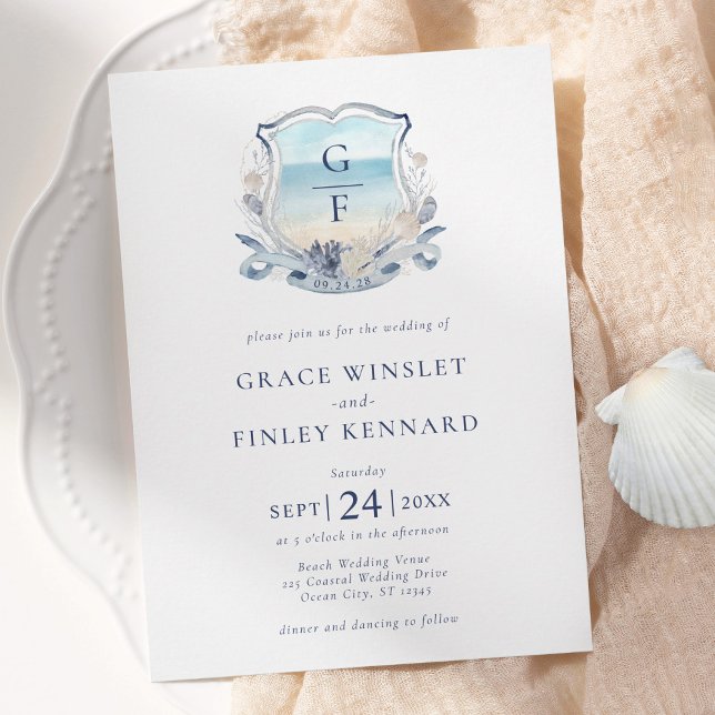 Invitation Watercolor Beach Monogram Crest Mariage (Créateur téléchargé)