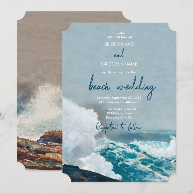 Invitation Watercolor Beach Ocean Waves Monogram Mariage (Devant / Derrière)