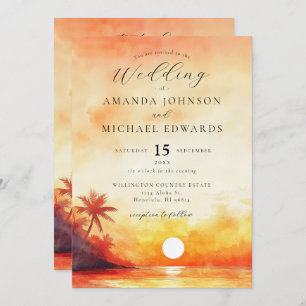 Invitation Watercolor Beach Orange Sunset QR Code Mariage
