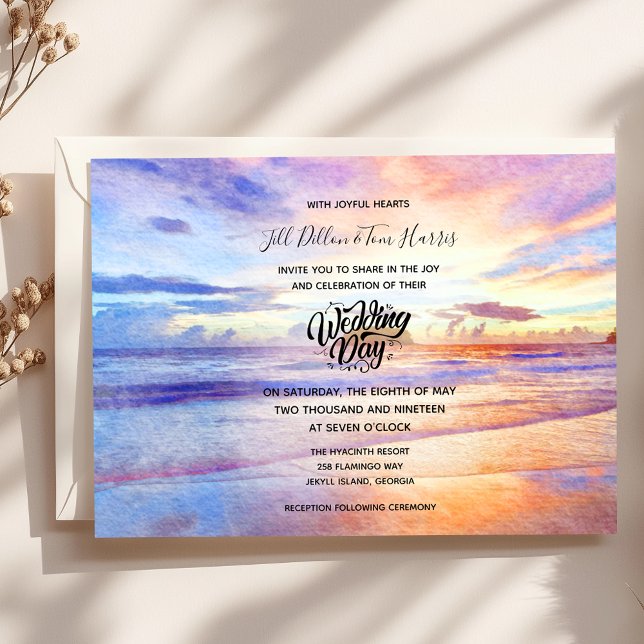 Invitation Watercolor Beach Sunrise Wedding Day (Créateur téléchargé)