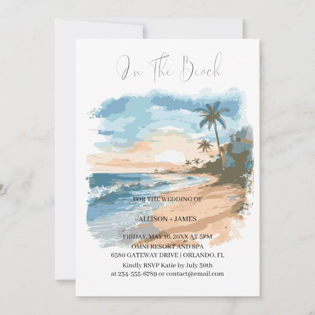 Invitation Watercolor Beach Sur La Plage Mariage (Devant)