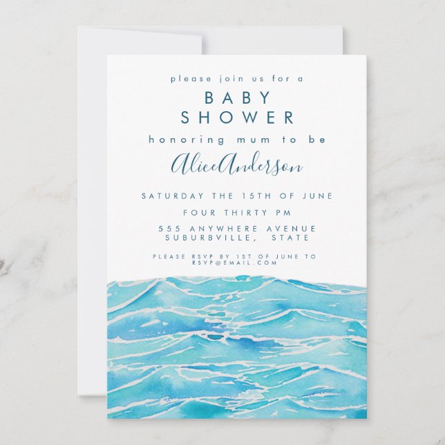 Invitation Watercolor Beach Waves Coast Peninsula Baby shower (Devant)