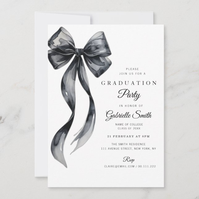 Invitation Watercolor black bow modern graduation party (Devant)