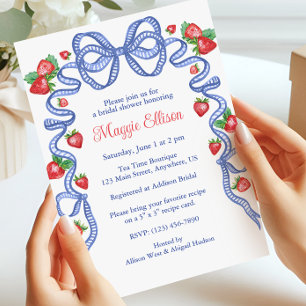 Invitation Watercolor Blue Bows & Red Strawberries Party