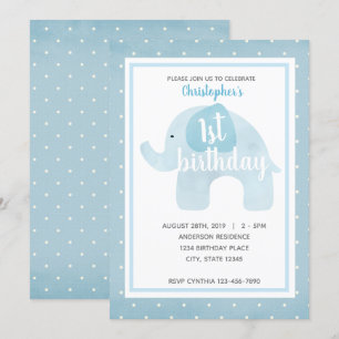 Invitation Watercolor Blue Elephant 1er Birthday Boy
