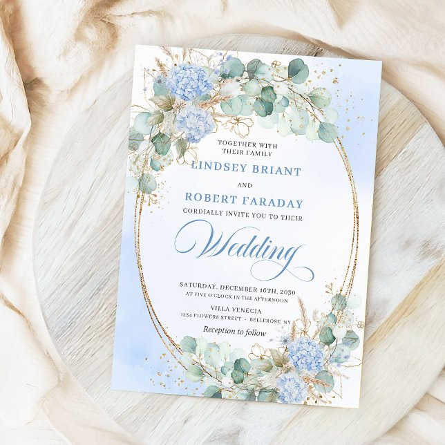 Invitation Watercolor Blue Floral Wheat Gold Wedding Invites (Watercolor Blue Floral Wheat Gold Wedding Invitation)