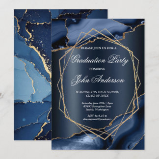 Invitation Watercolor Blue Gold Marble Graduation Party