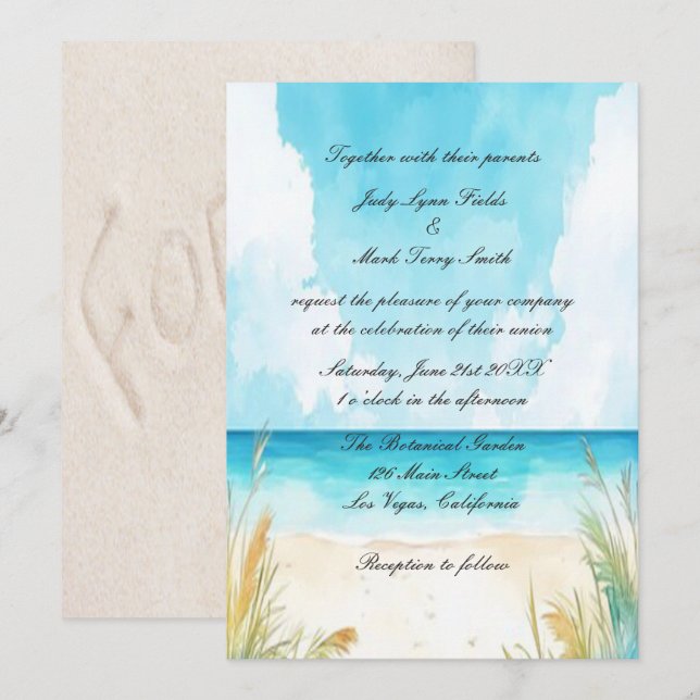 Invitation Watercolor Blue Ocean Beach Wedding (Devant / Derrière)