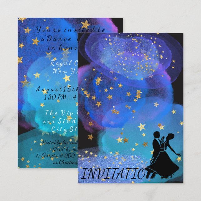 Invitation Watercolor Blue Ocean Night Sky Starry Dance Party (Devant / Derrière)