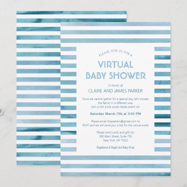 Invitation Watercolor Blue Stripes Baby shower virtuel (Devant / Derrière)
