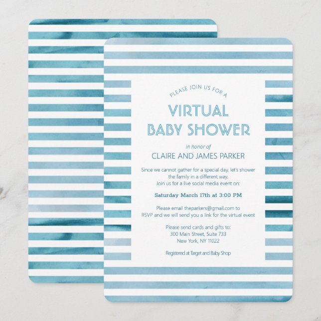 Invitation Watercolor Blue Stripes Baby shower virtuel (Devant / Derrière)