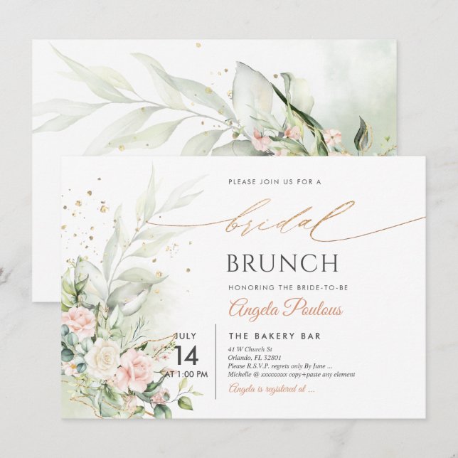 Invitation Watercolor Blush Cream Rose Bridal Brunch (Devant / Derrière)