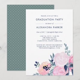 Invitation Watercolor Blush et Navy Floral Graduation Party