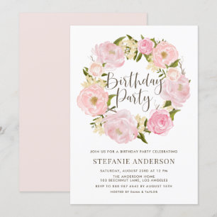 Invitation Watercolor Blush Pink Wreath fête d'anniversaire