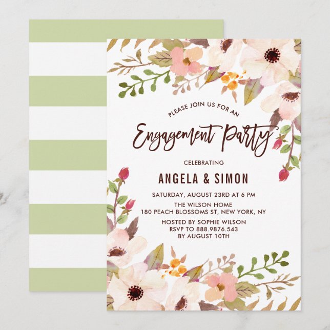 Invitation Watercolor Bohemian Flowers Engagement (Devant / Derrière)